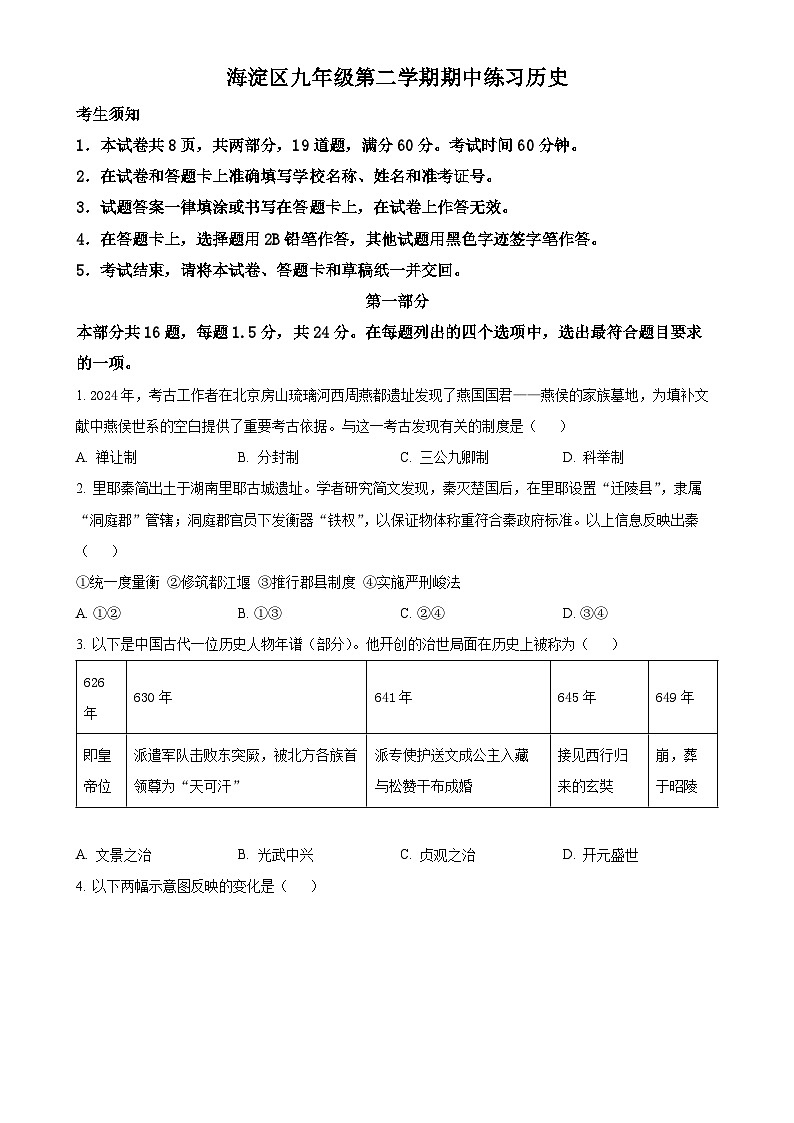 北京市海淀区九年级下学期期中历史试题-A4第1页