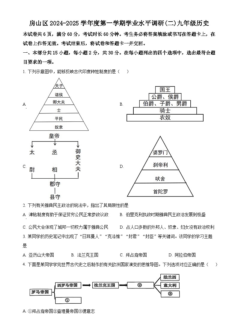 北京市房山区九年级上学期期末历史试题（原卷版）-A4第1页