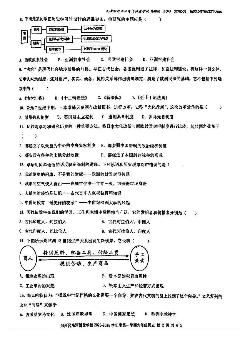 天津市河西海河博爱学校2025--2026学年部编版九年级上学期第一次月考历史试卷第2页