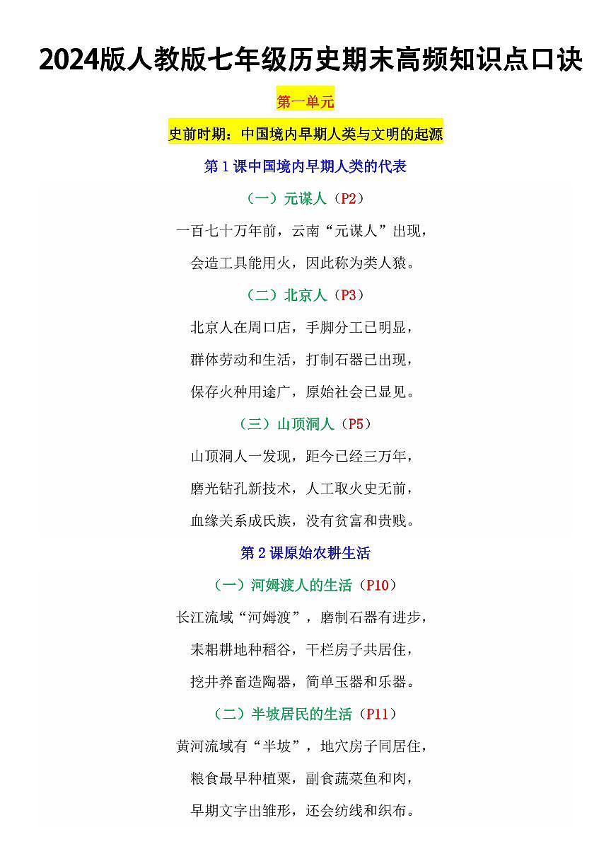 2024版人教版七年级上册历史期末高频知识点口诀第1页