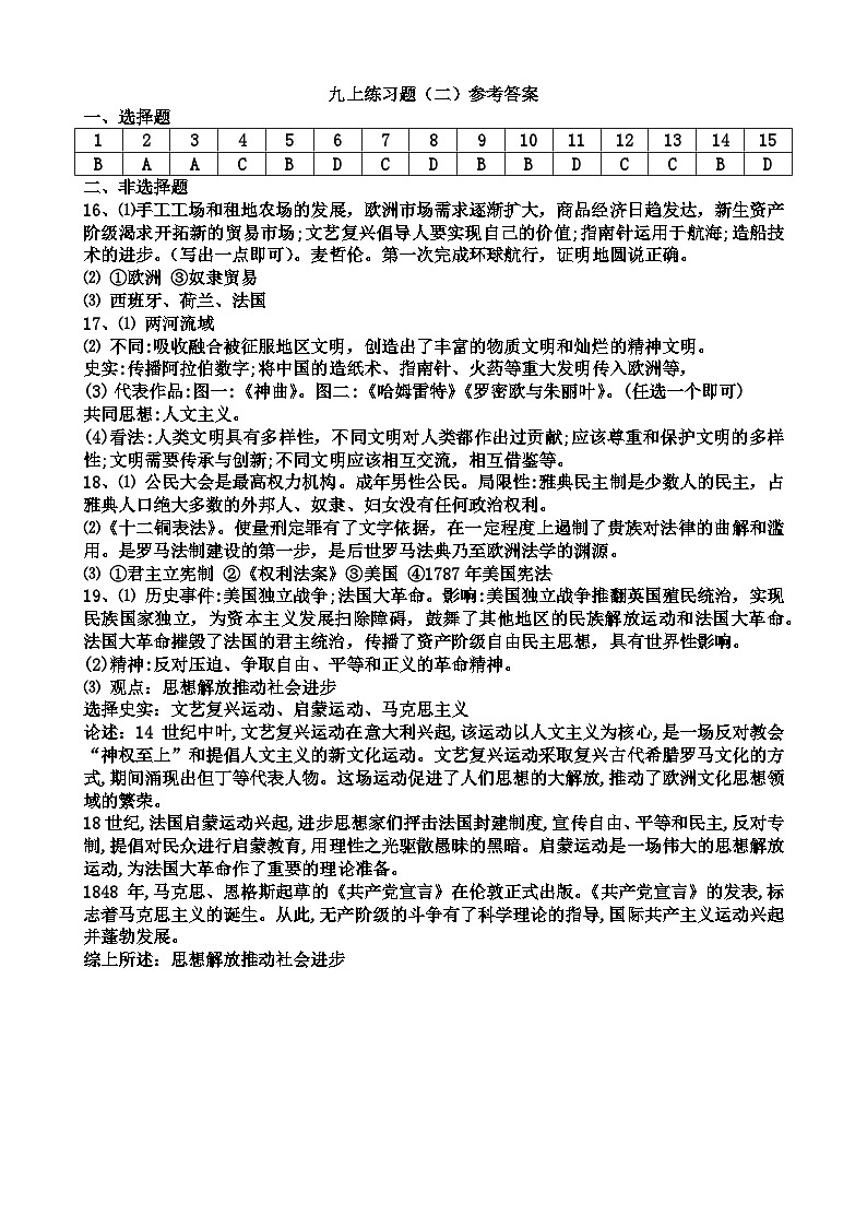 沈阳市虹桥中学初三九上历史期末练习（二）答案 (1)第1页