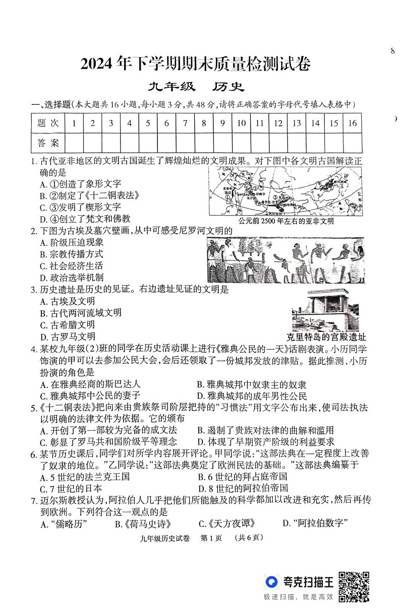 湖南省岳阳市临湘市2024-2025学年九年级上学期期末考试历史试题第1页