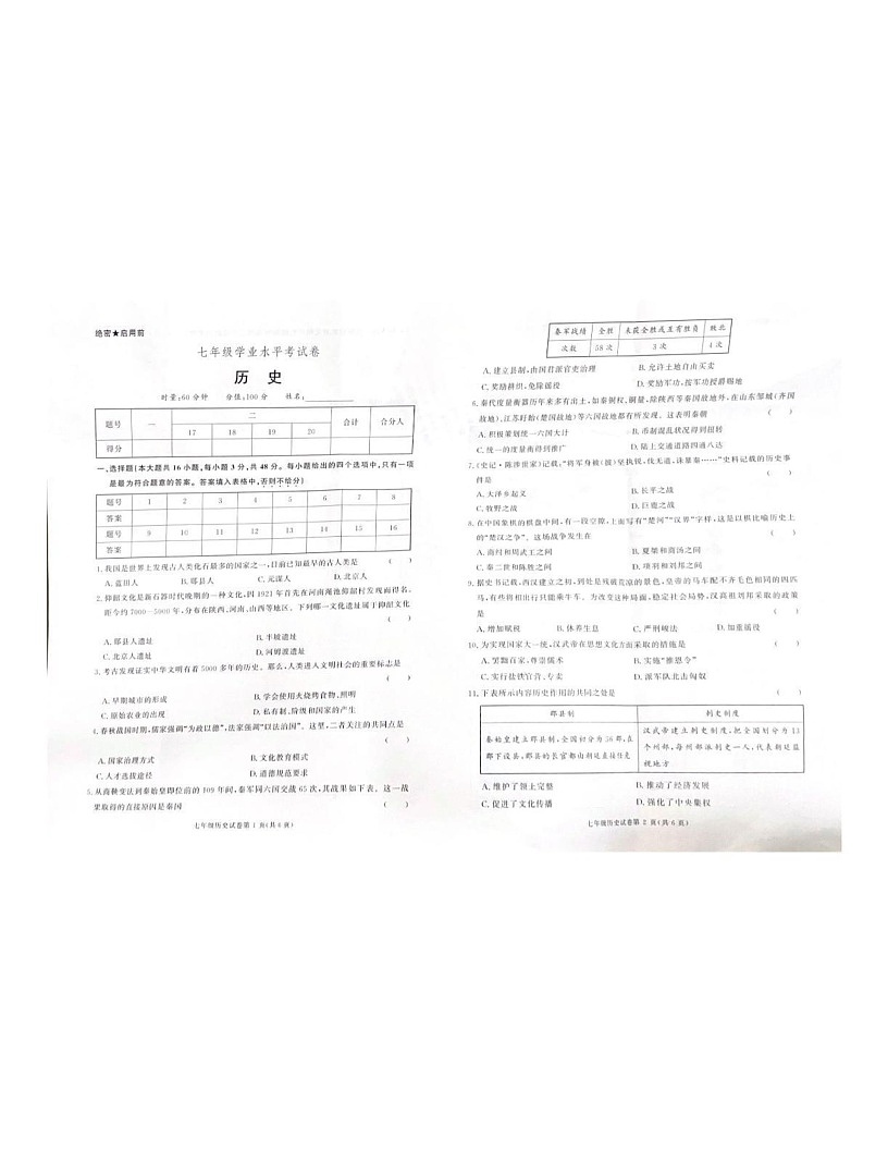 湖南省长沙市铁路第一中学2024--2025学年部编版七年级上学期期末考试历史试卷第1页