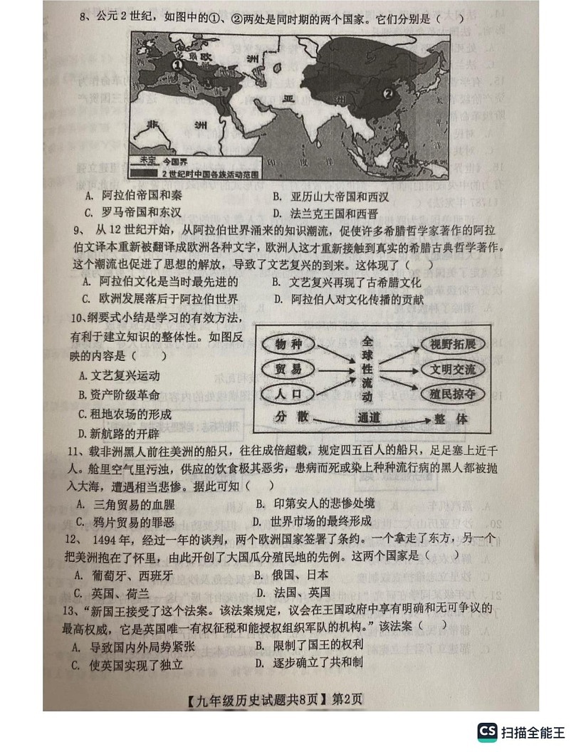 山东省齐河县2024-2025学年九年级上学期期末历史试题第2页