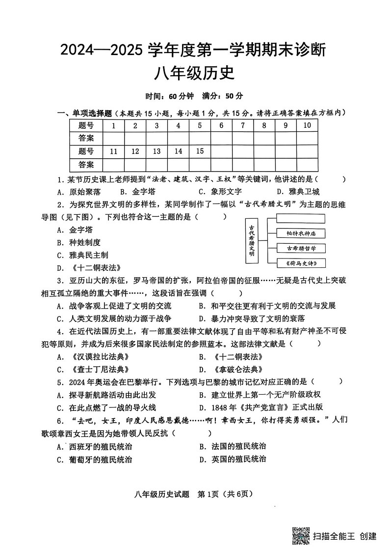山东省淄博市高青县2024-2025学年部编版八年级上学期期末历史试题第1页