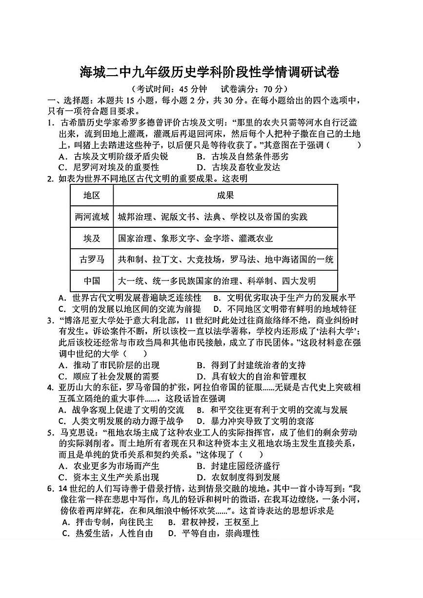 辽宁省鞍山市海城市第二中学2025—2026学年九年级上学期12月月考历史试卷第1页