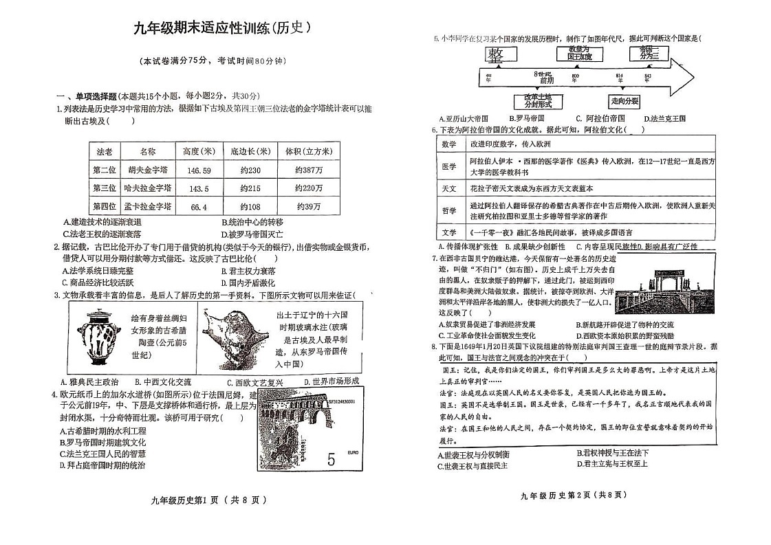 山西省长治市2024-2025学年九年级上学期12月期末历史试题第1页
