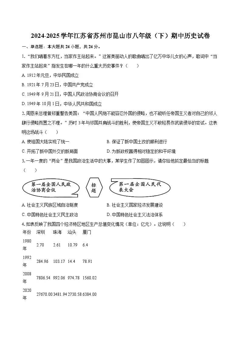 2024-2025学年江苏省苏州市昆山市八年级（下）期中历史试卷-自定义类型第1页