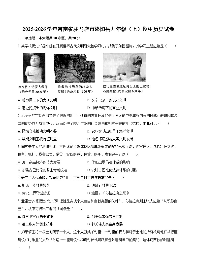 2025-2026学年河南省驻马店市泌阳县九年级（上）期中历史试卷-自定义类型第1页
