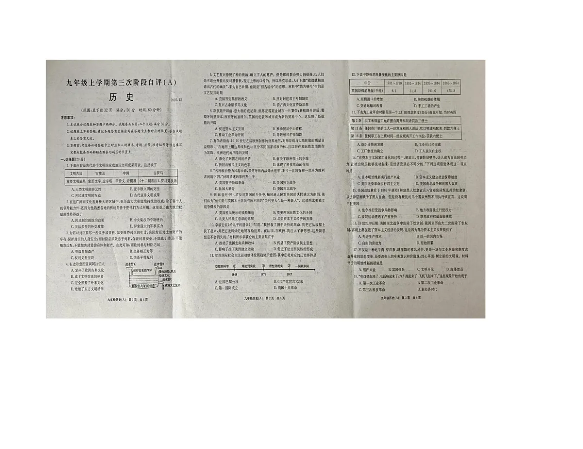 河南省安阳市滑县2025-2026学年九年级上学期12月月考历史试题（A）第1页
