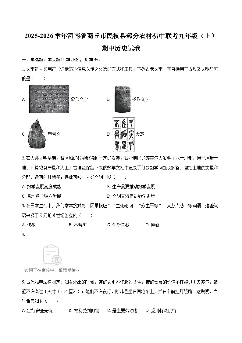 2025-2026学年河南省商丘市民权县部分农村初中联考九年级（上）期中历史试卷-自定义类型第1页