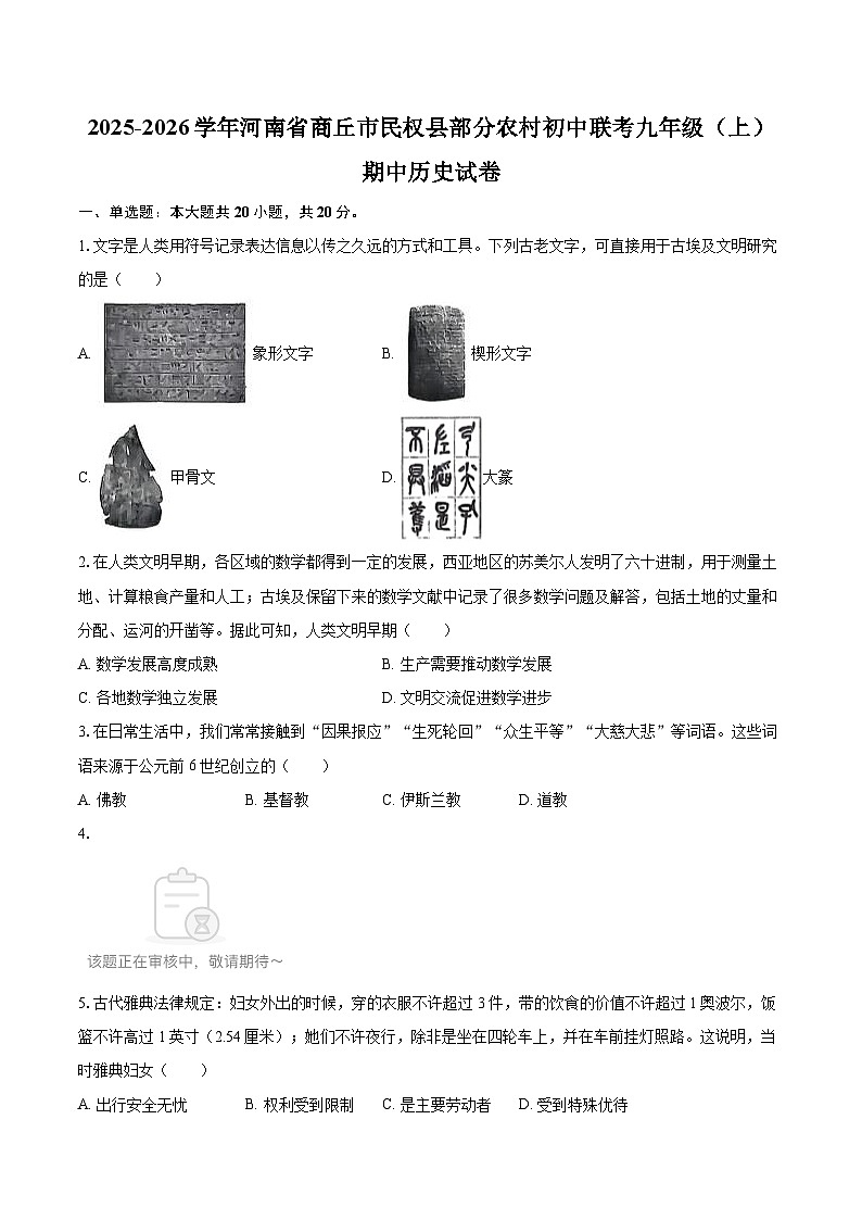 2025-2026学年河南省商丘市民权县部分农村初中联考九年级（上）期中历史试卷-自定义类型第1页