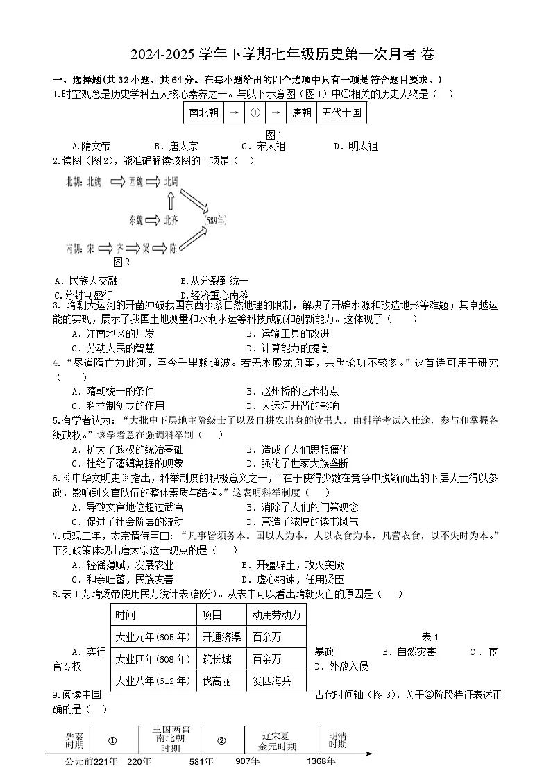 福建省漳州市平和广兆中学七年级下学期第一次月考历史试题-A4第1页