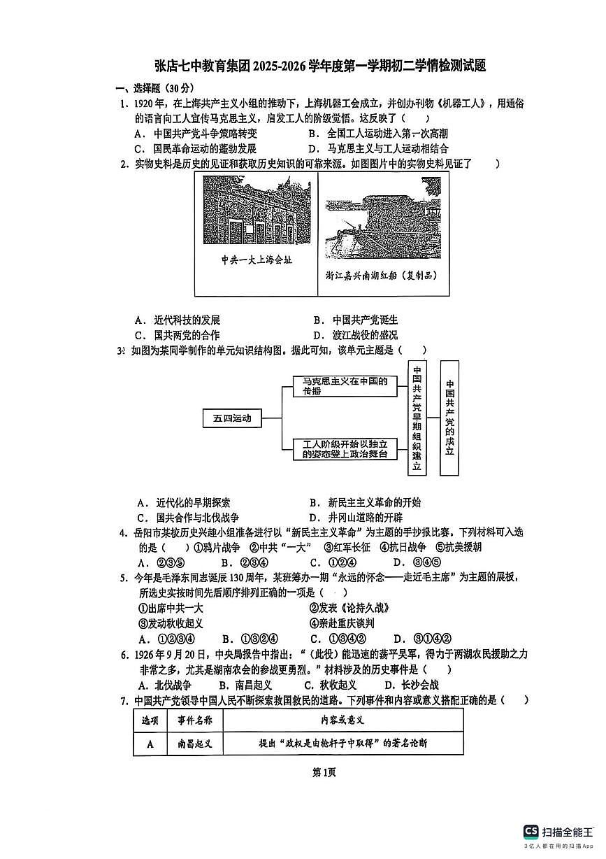山东省淄博市张店区第七中学(五四学制)2025-2026学年七年级上学期12月月考历史试卷第1页