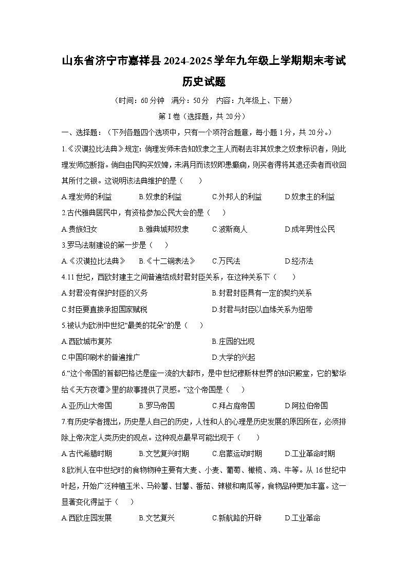 山东省济宁市嘉祥县2024-2025学年九年级上学期期末考试历史试卷（学生版）第1页