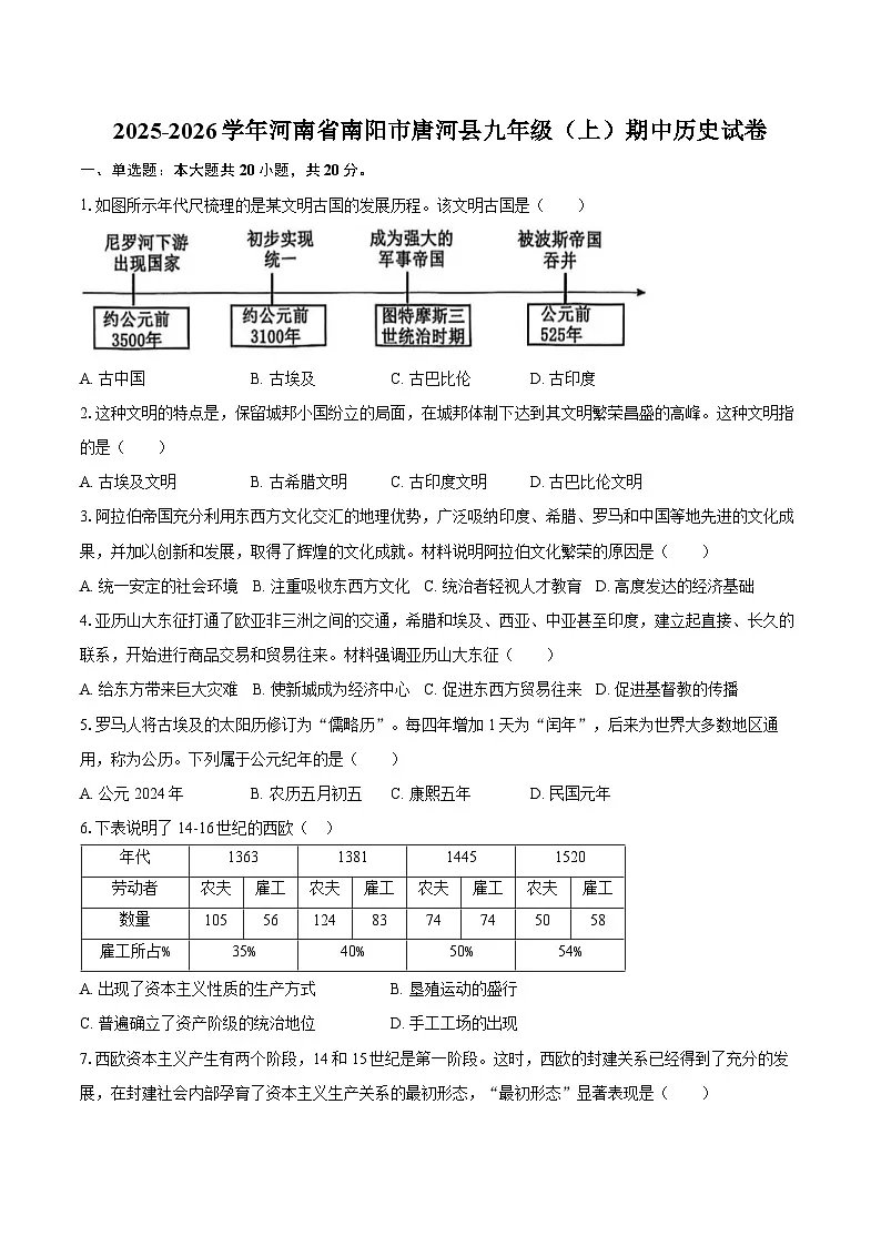 2025-2026学年河南省南阳市唐河县九年级（上）期中历史试卷（含答案）第1页