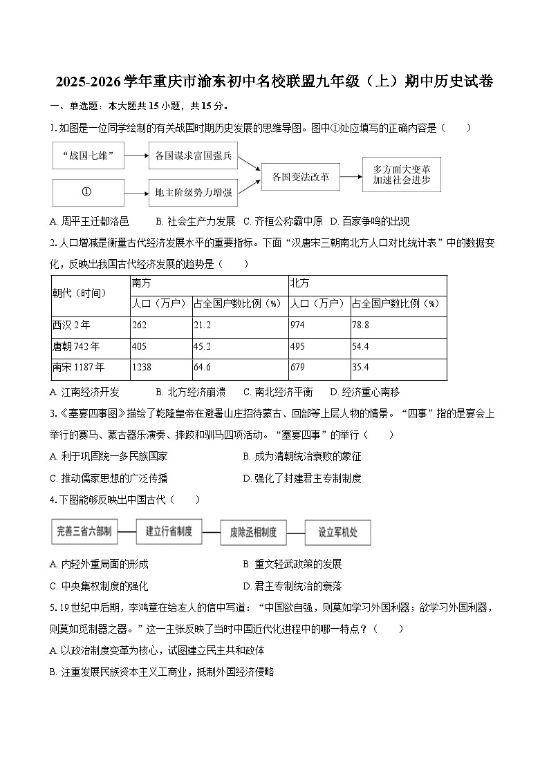 2025-2026学年重庆市渝东初中名校联盟九年级（上）期中历史试卷（含答案）第1页