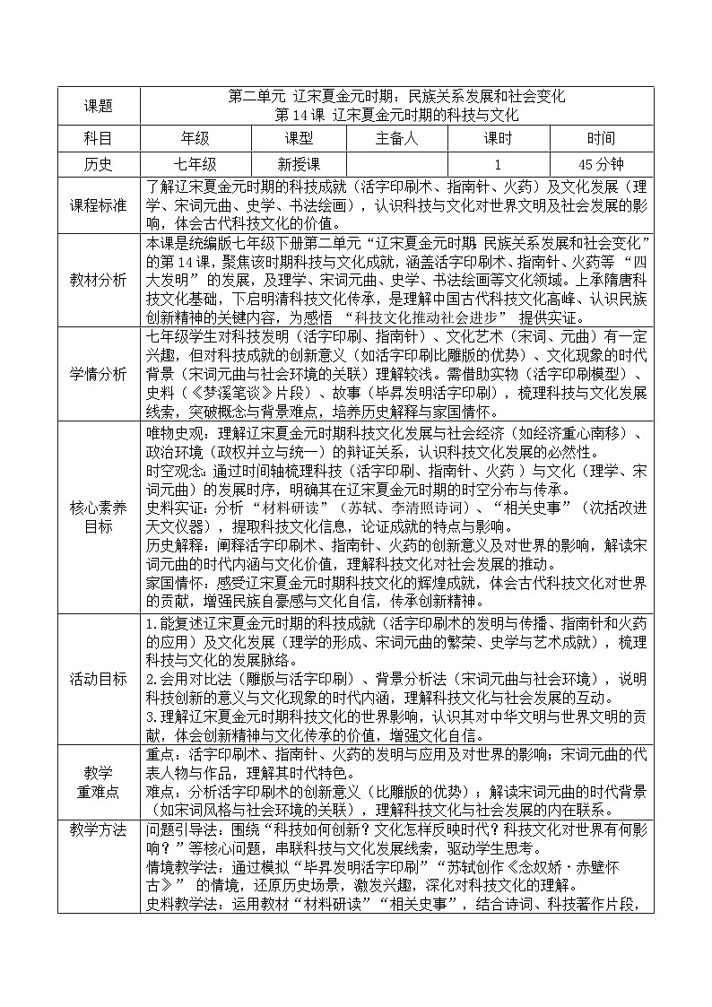 2.14辽宋夏金元时期的科技与文化-教学设计表格式--2025--2026学年七年级·下册《历史》（统编版）第1页