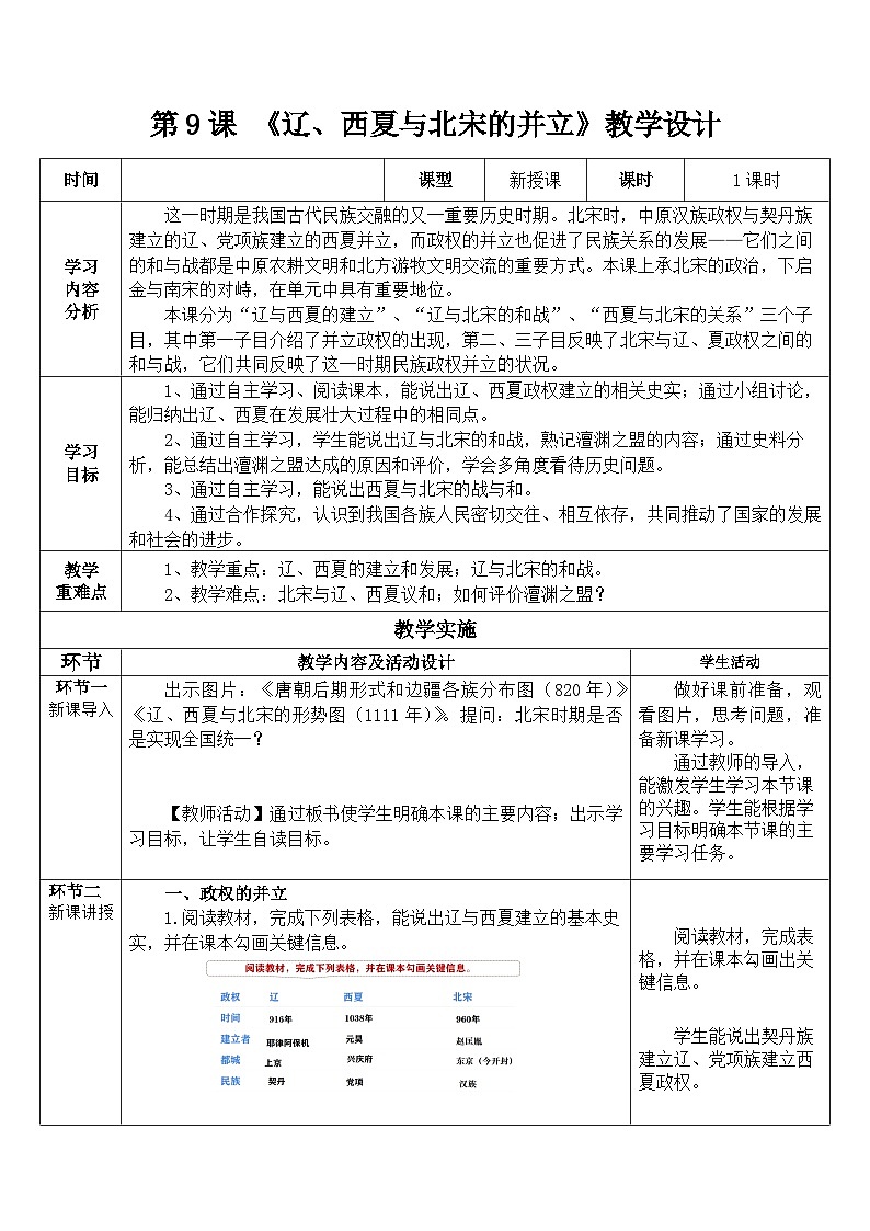 2.9辽、西夏与北宋的并立教学设计--2025--2026学年七年级·下册《历史》（统编版）第1页