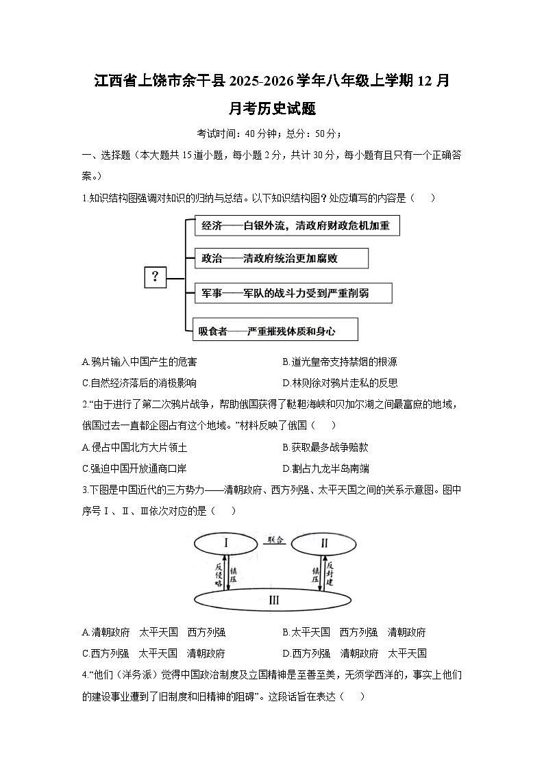 2025-2026学年江西省上饶市余干县八年级上学期12月月考历史试卷（学生版）第1页