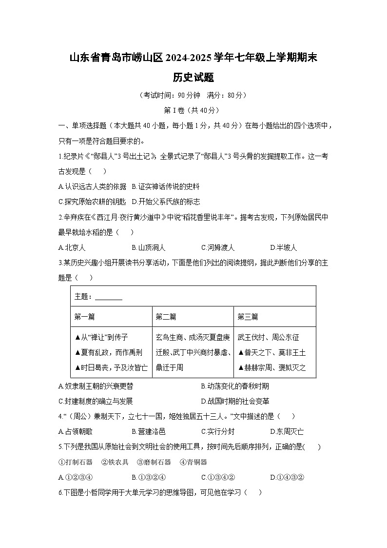 山东省青岛市崂山区2024-2025学年七年级上学期期末历史试卷（学生版）第1页