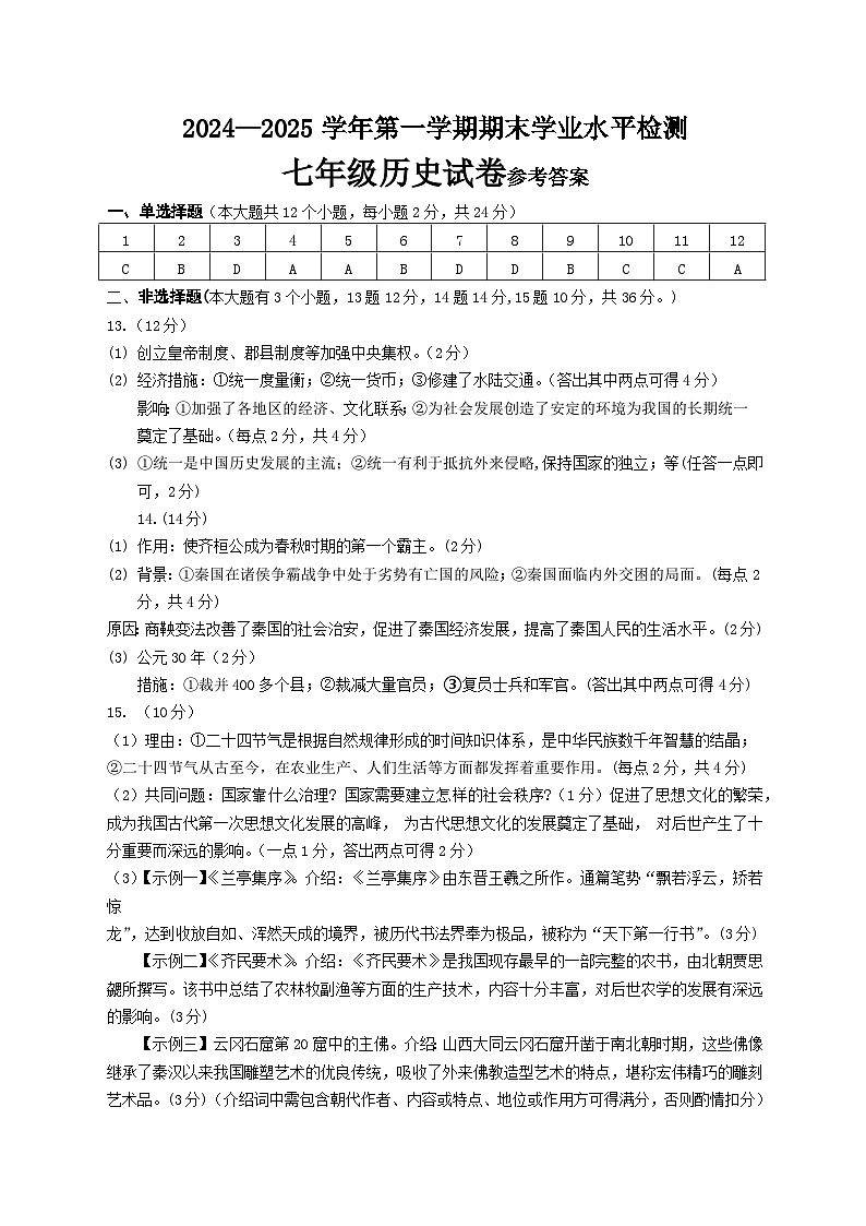 七年级历史试卷参考答案第1页