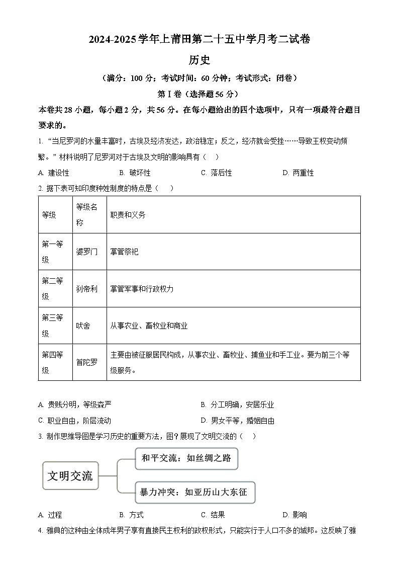 福建省莆田市第二十五中学九年级上学期第二次月考历史试题（原卷版）-A4第1页