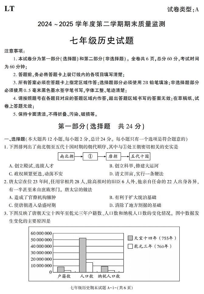 陕西省西安市临潼区2024-2025学年七年级下学期期末考试历史试卷第1页