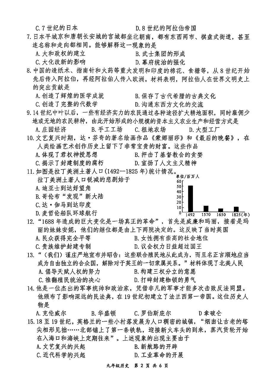湖南省娄底市双峰县20205-2026学年九年级上学期期末考试历史试卷第2页