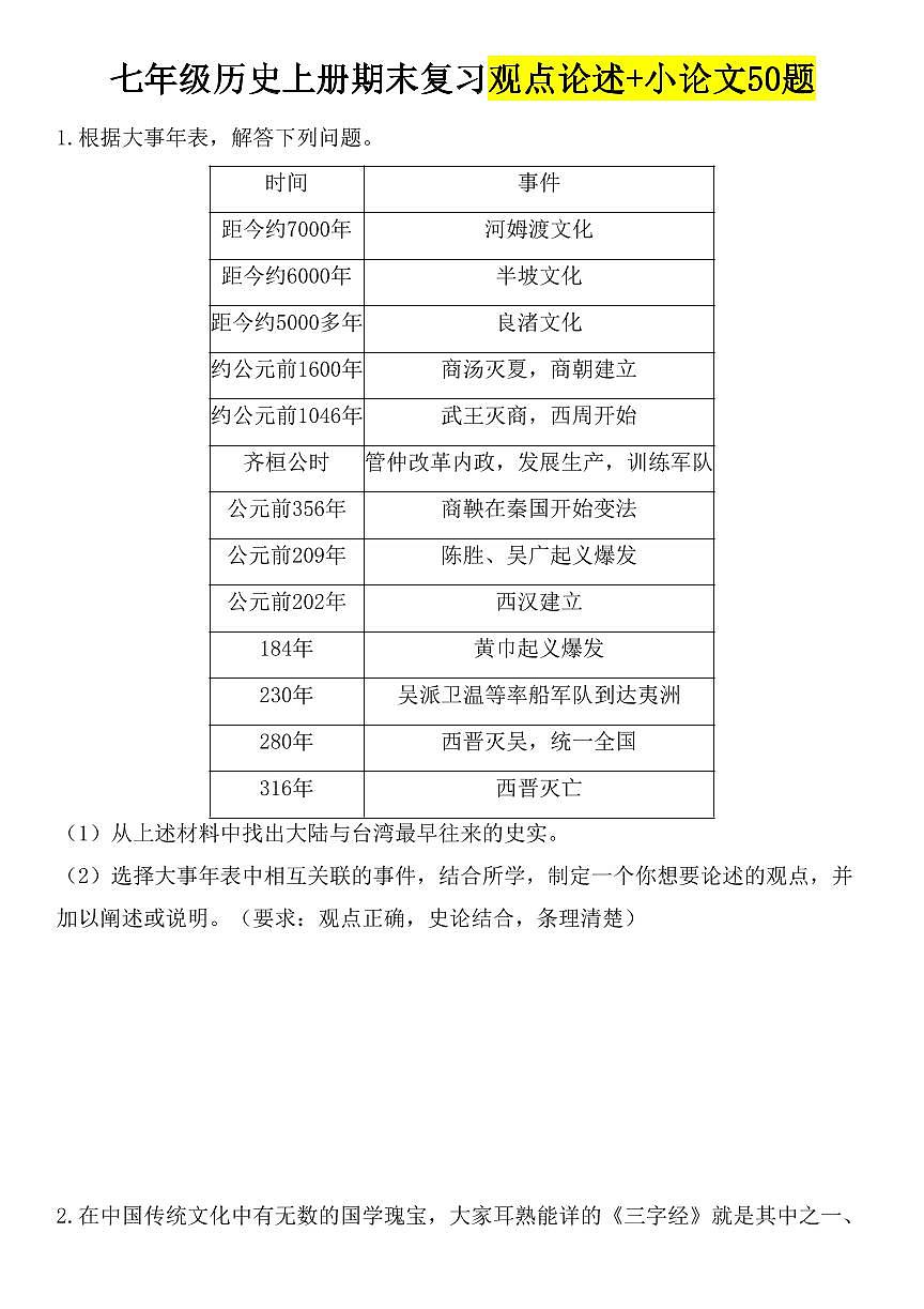 2024版人教版七年级上册历史期末复习观点论述+小论文专练50题（含答案）_第1页