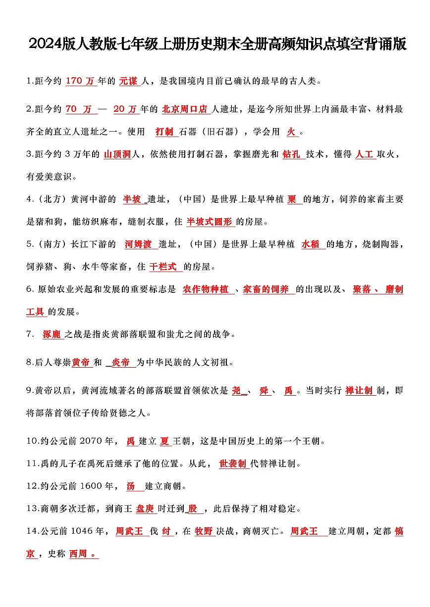 2024版人教版七年级上册历史期末全册高频知识点填空背诵版第1页