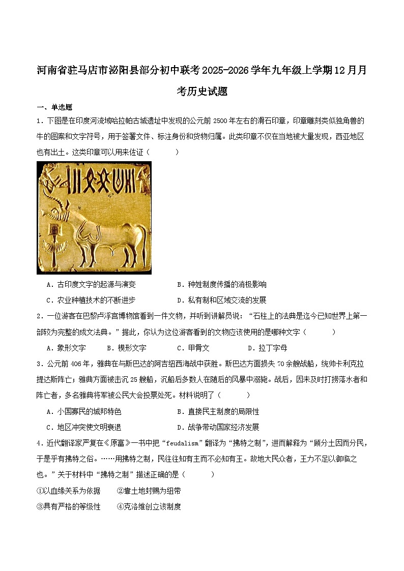河南省驻马店市泌阳县部分初中联考2026届九年级上学期12月月考历史试卷第1页
