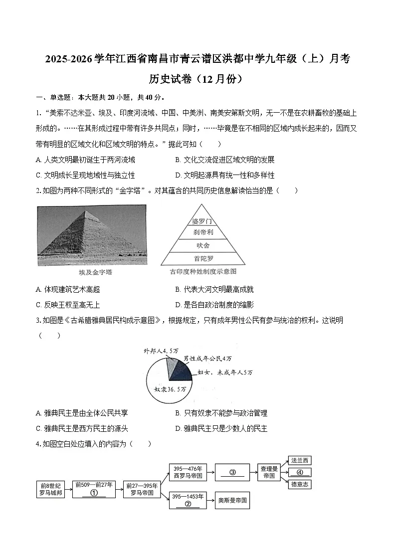 2025-2026学年江西省南昌市青云谱区洪都中学九年级（上）月考历史试卷（12月份）（含答案）第1页