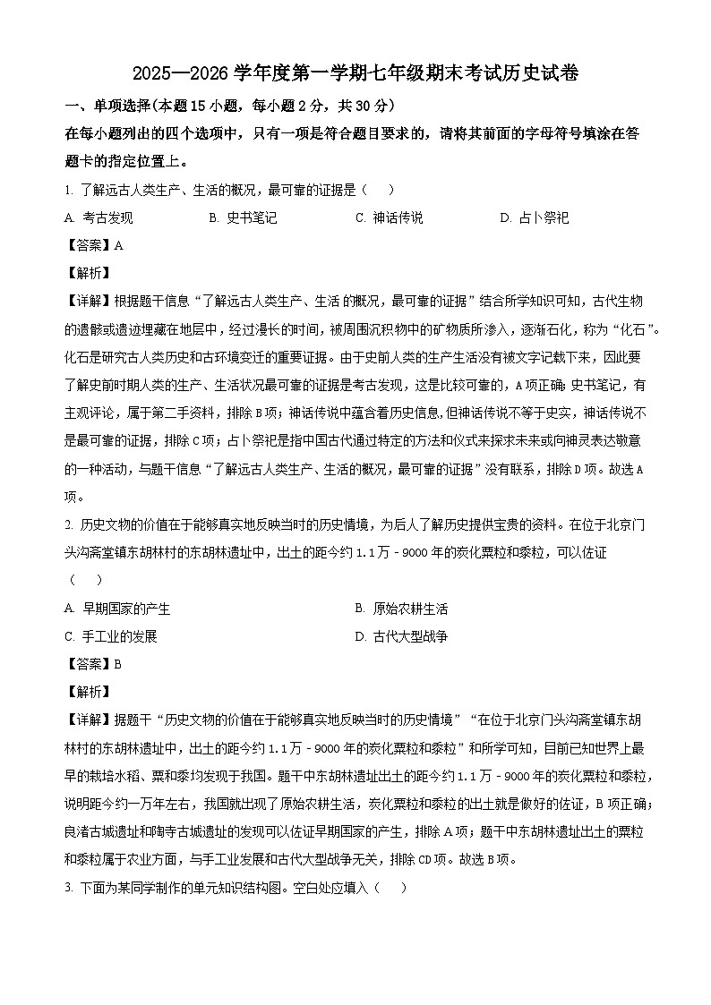 辽宁省沈阳市法库县2025-2026学年七年级上学期1月期末历史试题（解析版）第1页