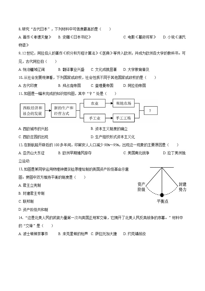 2025-2026学年吉林省长春市净月区九年级（上）期末历史试卷-自定义类型第2页
