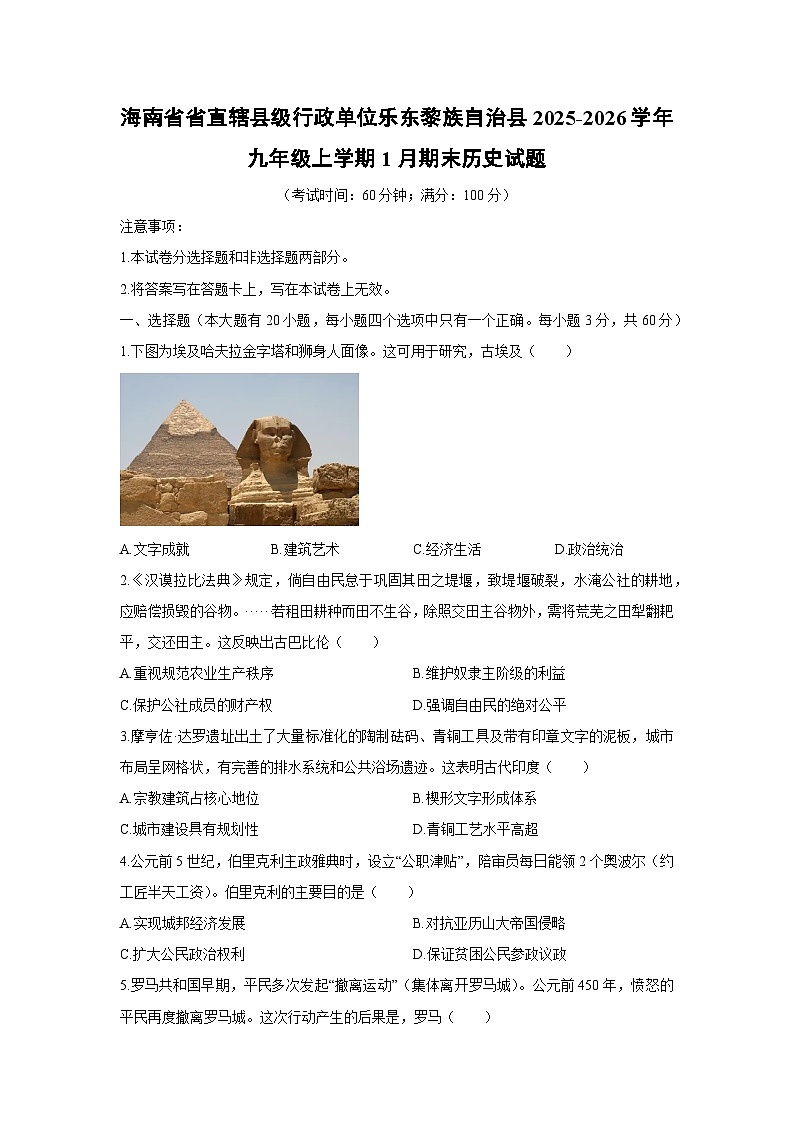2025-2026学年海南省省直辖县级行政单位乐东黎族自治县九年级上学期1月期末历史试卷（学生版）第1页