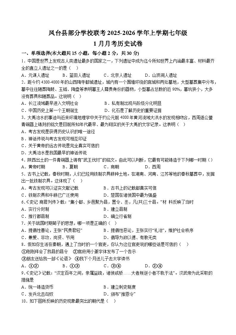 【7历第三次月考】安徽省淮南市凤台县部分校联考2025-2026学年七年级上学期1月月考历史试题（含解析）第1页