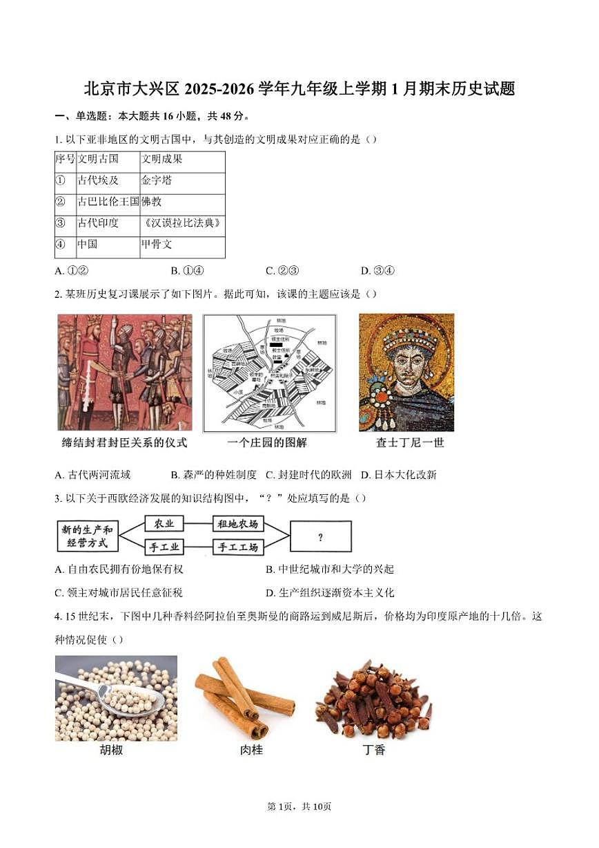 2025-2026学年北京市大兴区九年级上学期1月期末历史试题（含答案）第1页
