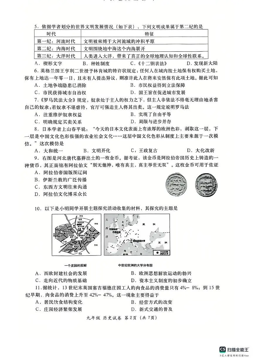 广东省汕头市金平区2025~2026学年九年级上学期期末教学质量检测历史试卷第2页
