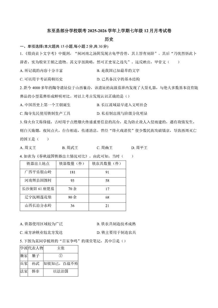 2025-2026学年安徽省池州市东至县部分校联考七年级上学期12月月考历史试题（有答案）第1页