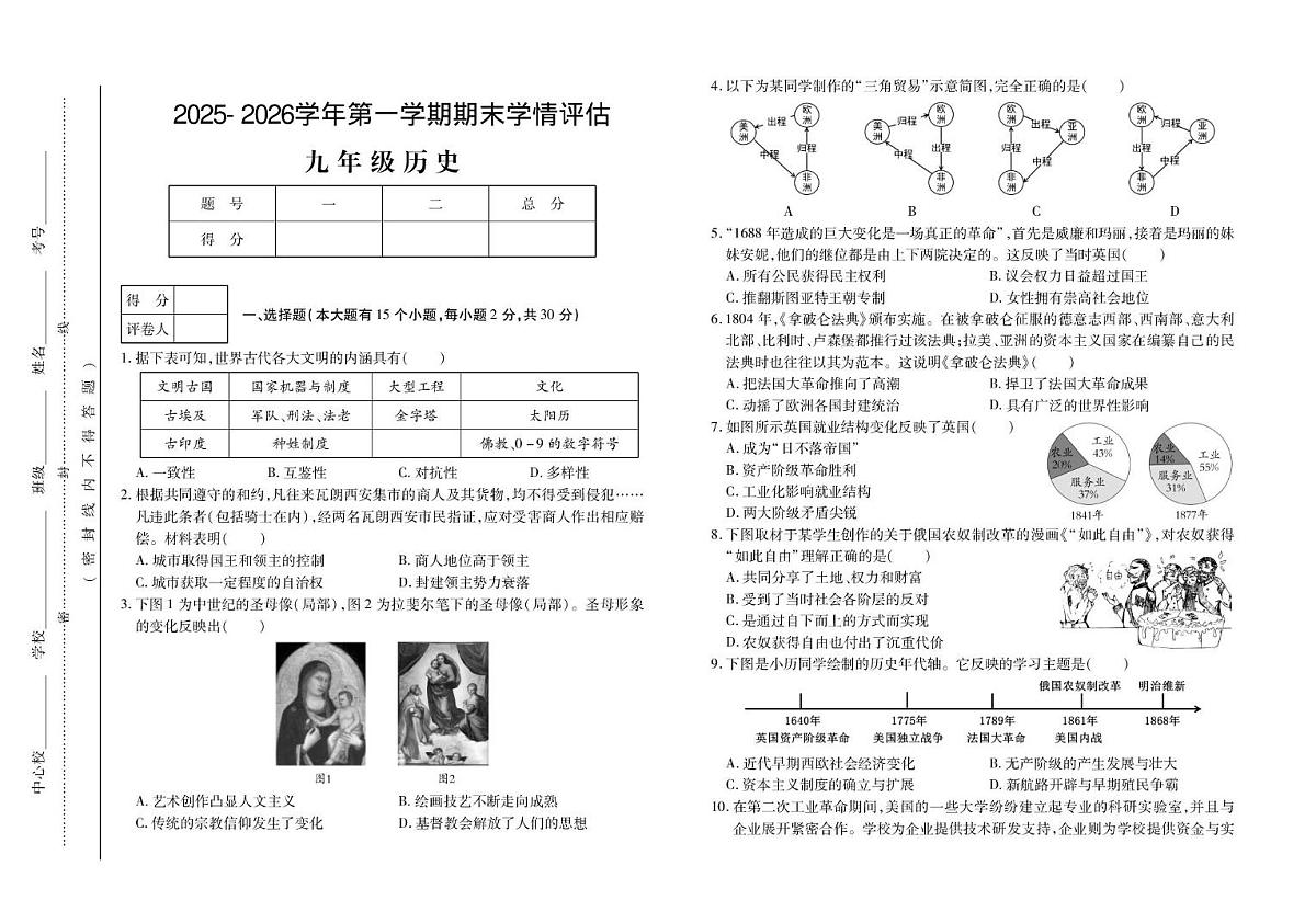 山西省运城市平陆县多校2025-2026学年九年级上学期1月期末历史试题第1页