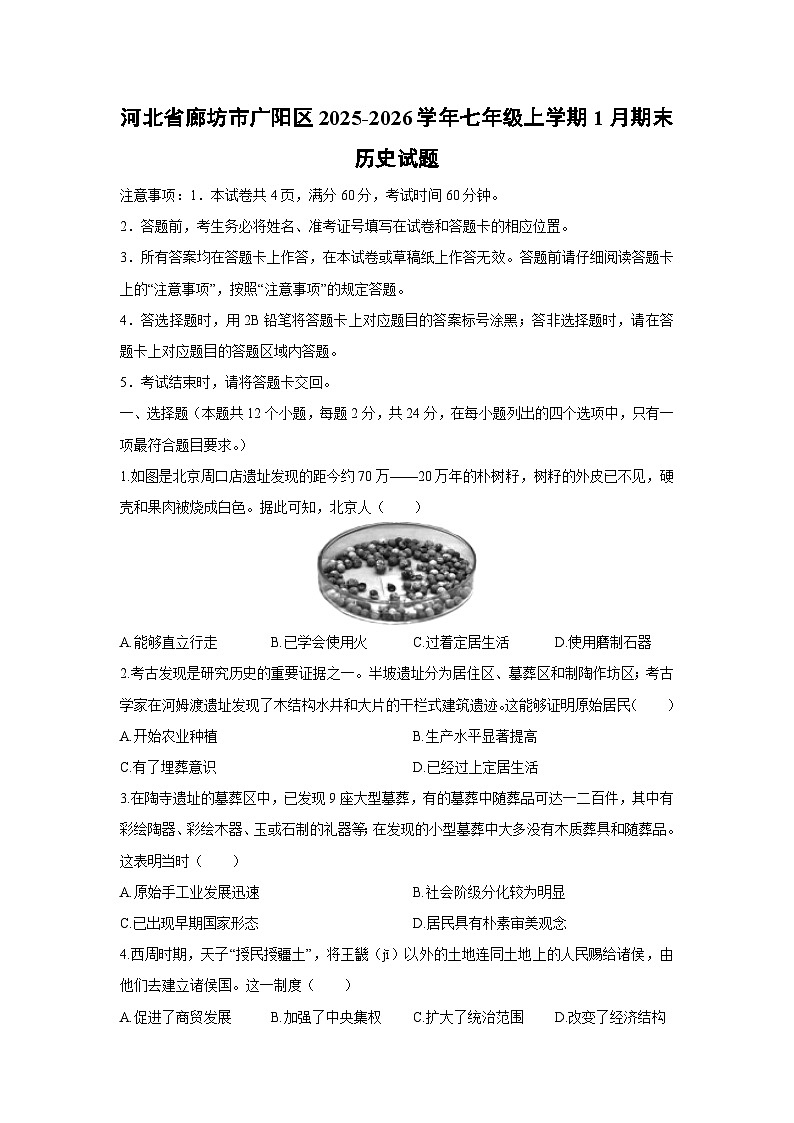 2025-2026学年河北省廊坊市广阳区七年级上学期1月期末历史试卷（学生版）第1页