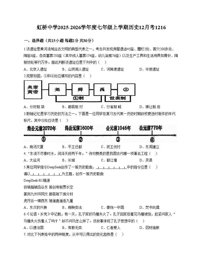 黑龙江省哈尔滨市虹桥初级中学2025_2026学年七年级上学期12月月考历史试题（文字版，含答案）第1页