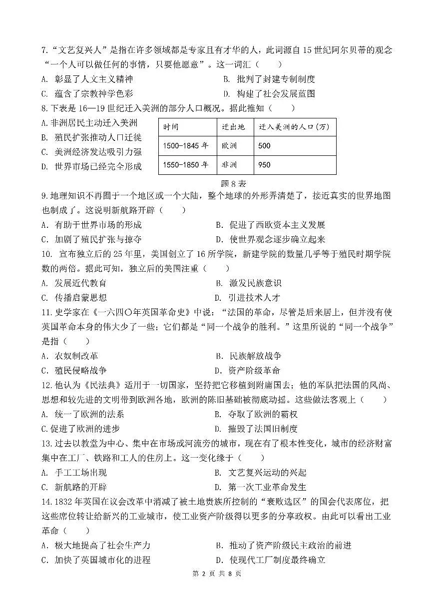 广东省南雄市珠玑中学九年级下学期开学历史试题第2页