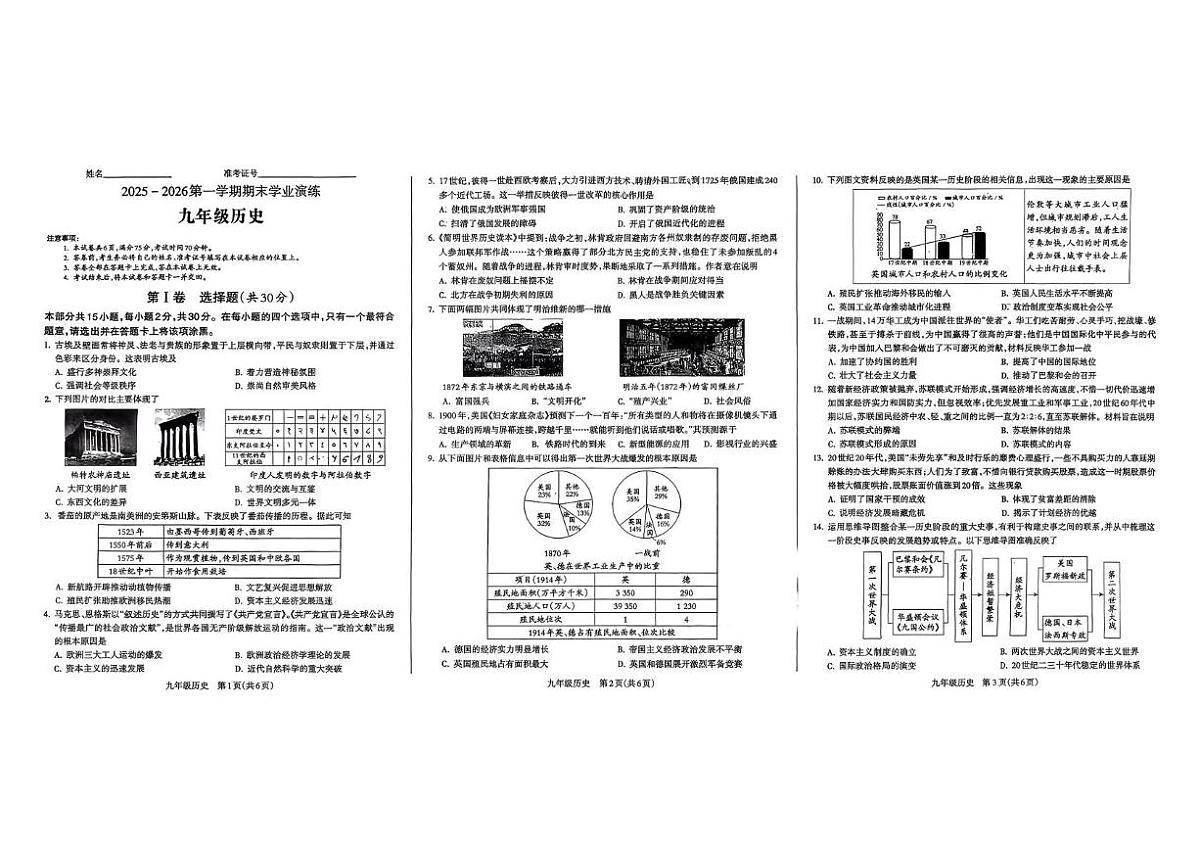 山西省大同市左云县部分学校2025-2026学年第一学期期末质量监测九年级历史试卷第1页