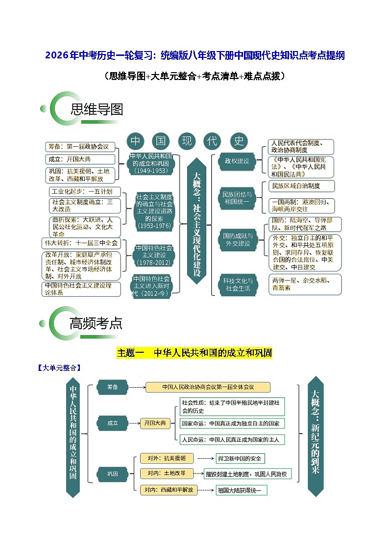 2026年中考历史一轮复习：统编版八年级下册中国现代史知识点考点提纲 讲义第1页