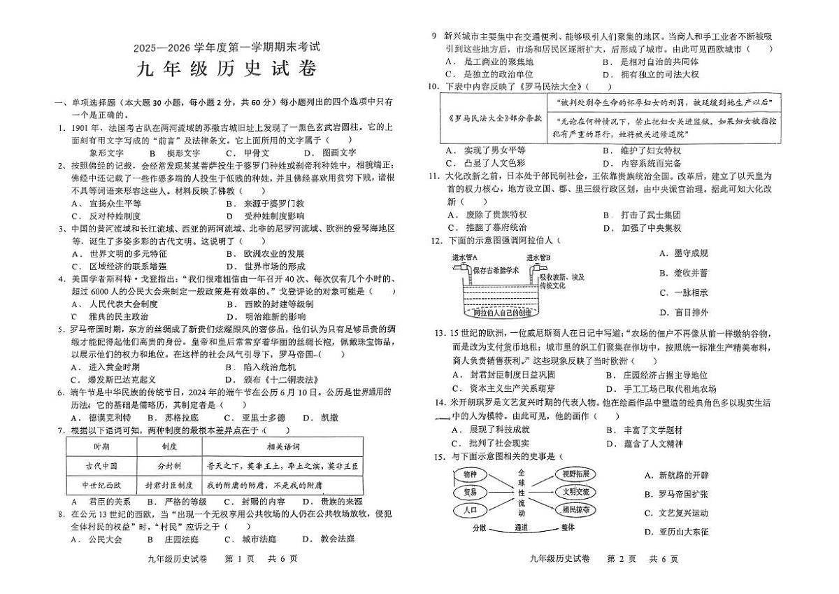 广东省化州市2025-2026学年九年级上学期历史期末试题第1页