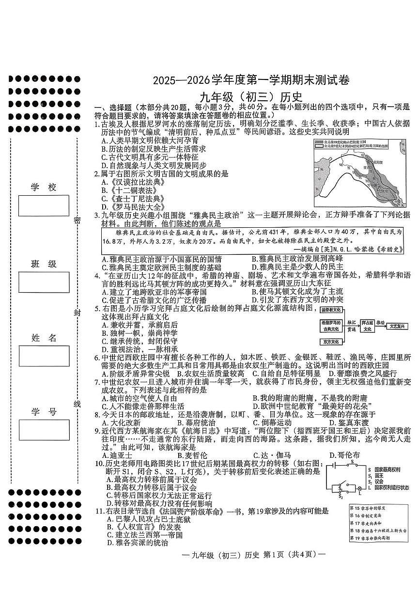 江西省南昌市2025—2026学年度九年级第一学期期末测试历史试卷第1页