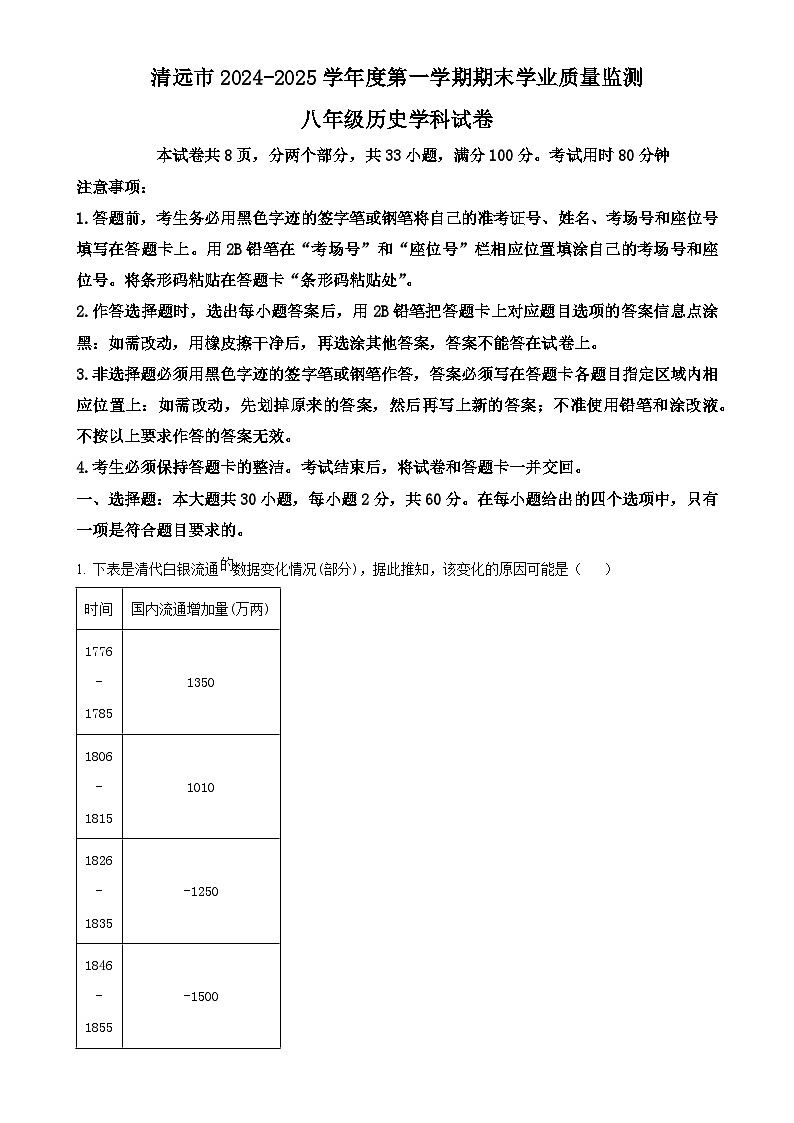 广东省清远市八年级上学期期末历史试题（原卷版）-A4第1页