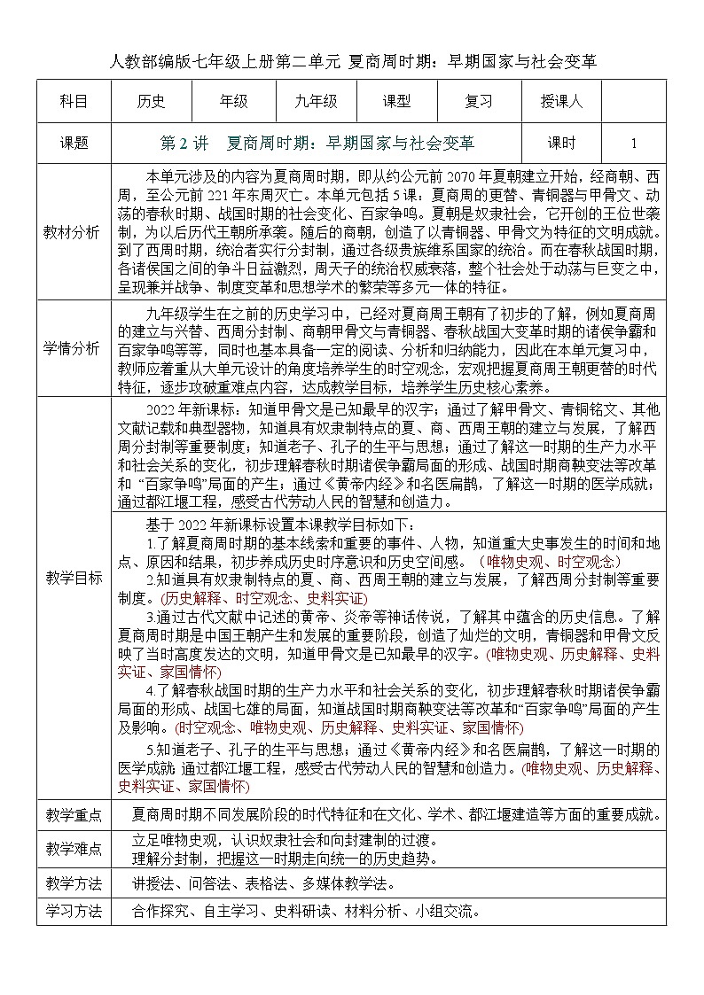 2026初中历史中考一轮复习02 夏商周时期：早期国家的形成与社会的变革（教案）第1页